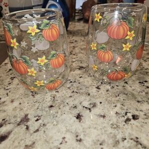 QVC Pumpkin and Floral Stemless Glass Set